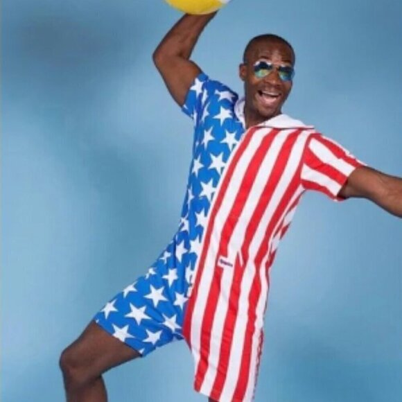 Tipsy Elves USA Patriotic Medium Unisex Romper Jumpsuit Shorts Flag - Picture 9 of 10